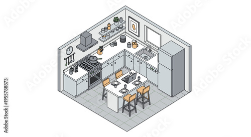 Detailed isometric illustration of a modern kitchen and dining room layout with a central table, appliances, and stylish cabinets.