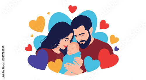 Young mother and father tenderly holding their newborn baby together in a loving embrace surrounded by colorful heart symbols.