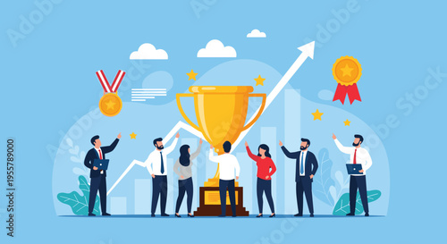 Successful business team celebrating their achievement by gathering around a giant golden trophy with medals and a rising chart.