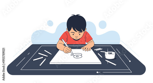 Creative young boy focused on drawing a picture on a large digital tablet or white paper using various markers and crayons.