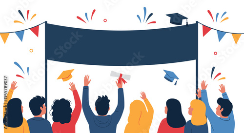 Group of graduates celebrating their achievement by throwing their caps in the air in front of a large blank dark blue banner.