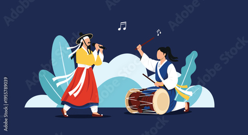 Performers in traditional Korean hanbok costumes playing a large drum and singing to showcase their cultural heritage and art.