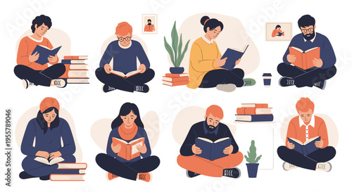 Collection of diverse men and women sitting cross-legged on the floor and focused on reading different books and studying.