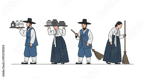 Set of characters wearing traditional Korean hanbok costumes engaged in tasks like carrying food on trays and sweeping the floor.