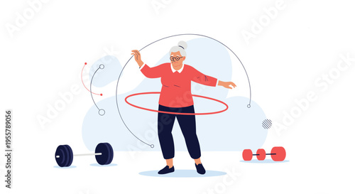 Active senior woman wearing glasses and a red sweater exercising with a red hula hoop surrounded by fitness equipment like weights.