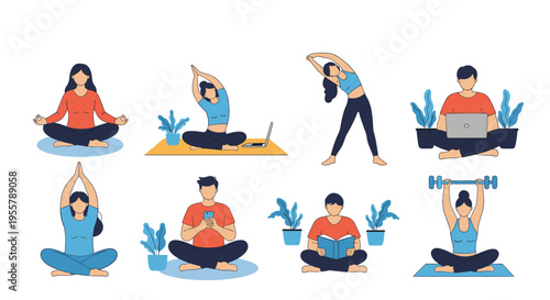 Variety of characters engaged in healthy lifestyle activities including yoga, meditation, reading, and working from home.
