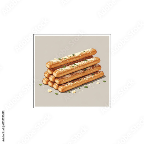 Baked breadsticks topped with parmesan and green herbs on beige background  