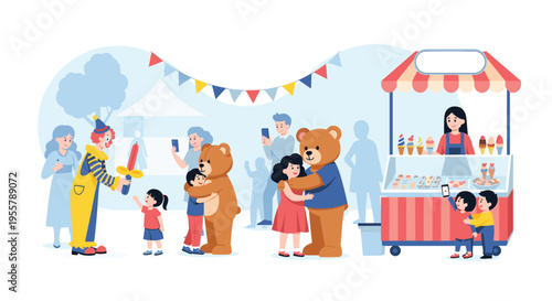 Joyful scene at a summer fair with children interacting with a clown, hugging giant teddy bears, and buying ice cream.