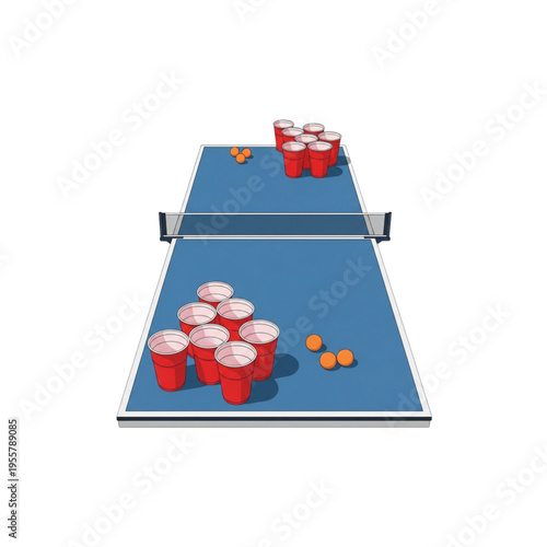 Beer pong table with red cups and ping pong balls for gaming  