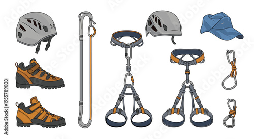 Comprehensive set of professional rock climbing gear including helmets, harnesses, carabiners, shoes, and safety ropes.