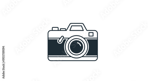 Simple and clean black and white line art illustration of a classic photo camera positioned on a plain white background.