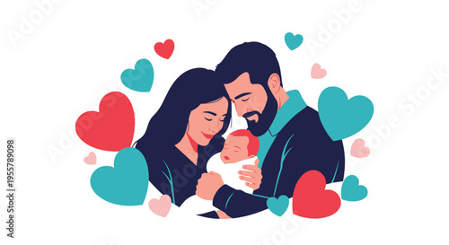 Young father and mother tenderly embracing their sleeping baby surrounded by various blue and red heart shapes.