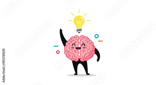 Cheerful brain character with a bright lit lightbulb floating above its head symbolizes a great idea, creativity, and innovation.