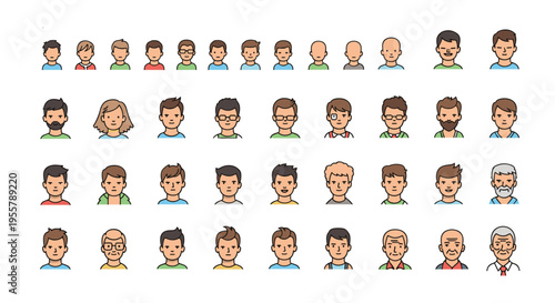 Comprehensive set of male character avatars features various hairstyles, facial hair, ages, and facial expressions in a grid.