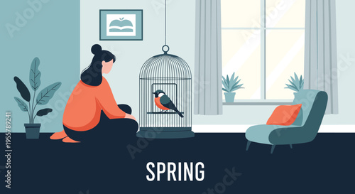 Young woman sitting on the floor in a cozy living room watches a small bird inside a decorative cage near a large window.