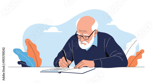 Serious senior man with a white beard and glasses sits at a table while focused on writing in a journal with a fountain pen.