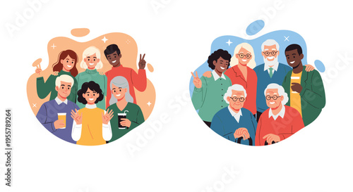 Two circular frames show diverse groups of happy people, one featuring younger adults and the other showing a group of seniors.