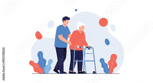 Male healthcare assistant supports a senior woman using a walking frame as she takes careful steps in a bright indoor environment.