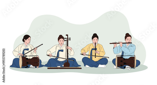 Four women dressed in traditional Korean hanbok play musical instruments including the janggu, haegeum, and piri together.