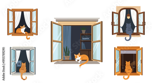 Various ginger and grey cats explore different window settings, some looking out at the night and others sitting on the sills.
