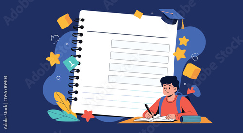 Young student sits at a desk and writes in a small book in front of a giant spiral notebook with school supplies and stars.