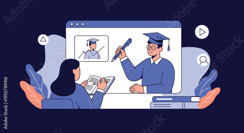 Female student watches a graduation ceremony on her laptop while taking notes in a notebook for an online education concept.