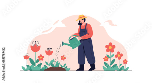 Young woman in overalls and a straw hat waters a garden of red flowers with a green watering can on a soft pink background.