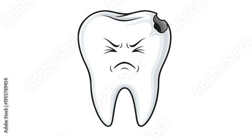 Illustration of an annoyed tooth with a cavity on a white background, conveying a negative mood with a monochromatic color scheme and cartoonish style.