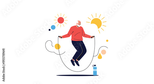 Active elderly man with white hair skipping rope outdoors for fitness and health against a symbolic background of the sun and moon.