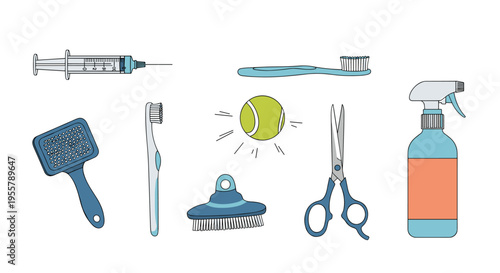Collection of essential pet care tools including grooming brushes, scissors, a toothbrush, a ball, a syringe, and a spray bottle.