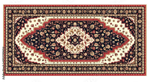 Highly detailed, colorful Persian-style rug with intricate patterns on a white background.