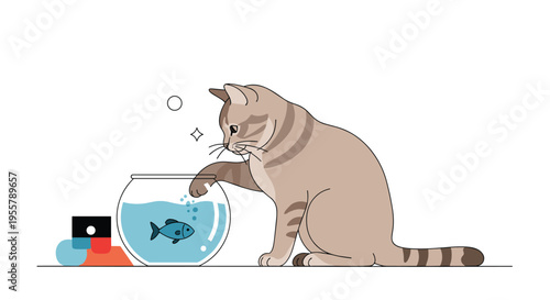 Curious tabby cat reaching its paw into a round fishbowl while a small blue fish swims inside on a white background.