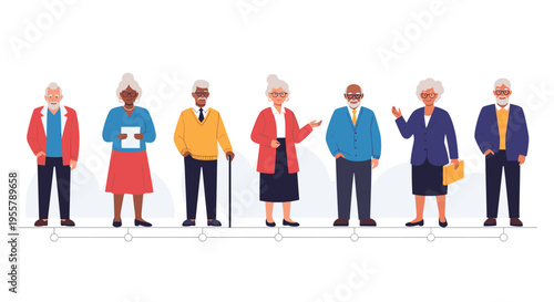 Group of stylish and diverse elderly people standing in a horizontal line showcasing various personal styles and professional roles.