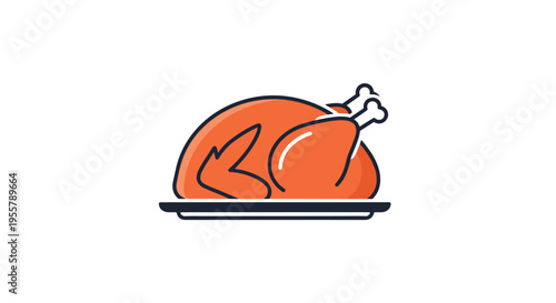 Simple and appetizing illustration of a whole roasted turkey served on a platter isolated on a clean white background.