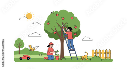Family working together in a garden where a man picks apples from a tree and a woman plants a small seedling near cats.