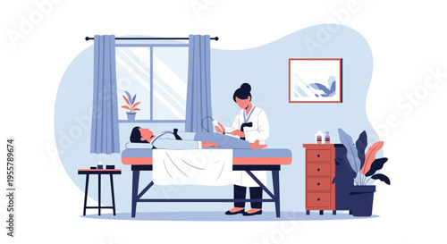 Female doctor or technician performing an acupuncture treatment or medical procedure on a patient in a clinic environment.