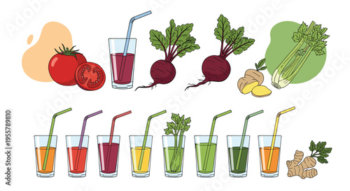 Variety of healthy vegetable juices in glasses with straws alongside fresh ingredients like tomatoes, beets, ginger, and celery.