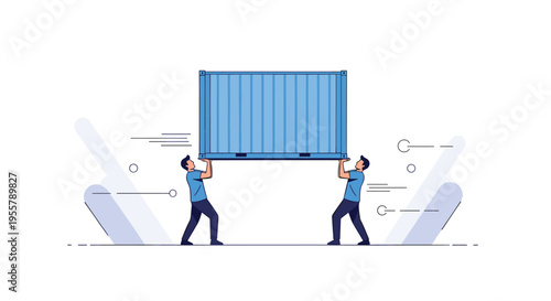 Two strong men working together to lift a massive blue metal shipping container symbolizing heavy labor and logistics effort.