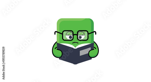 Intellectual green book character wearing black glasses and reading another small book with a serious expression.