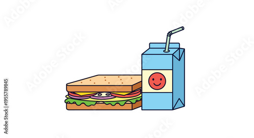 Healthy lunch set consisting of a fresh sandwich with various fillings and a blue juice box with a smiling face and straw.