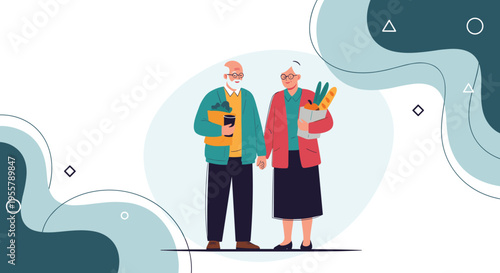 Happy elderly couple walking together hand in hand while carrying bags of fresh groceries against a stylish abstract background.