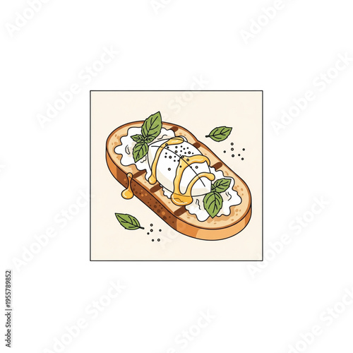 Bruschetta topped with ricotta, honey, and mint leaves  