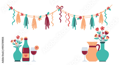 Festive party decorations featuring colorful tassels and floral arrangements alongside bottles of wine and glasses for a celebration event.