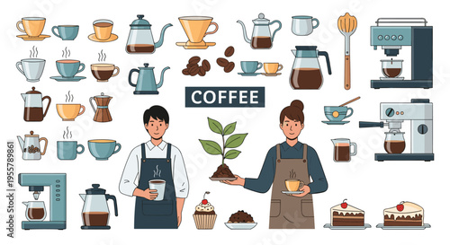 Professional baristas present freshly brewed coffee alongside various brewing equipment and desserts in a detailed flat illustration.