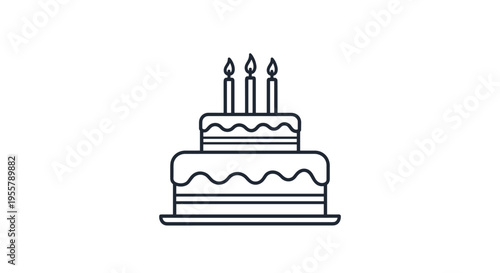 Simple black and white line art illustration of a two-tiered birthday cake with three lit candles sitting on a plate in a minimalist style.