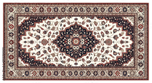 High-resolution image of a traditional Persian-style rug with intricate patterns and designs on a white background.