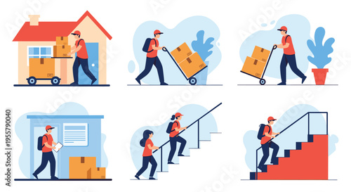 Delivery workers performing various tasks such as using a hand truck, carrying parcels to homes, and climbing stairs with heavy packages.