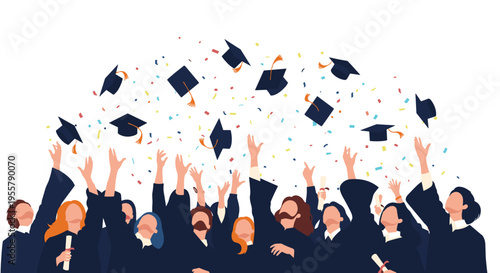Group of joyous graduates in black robes and mortarboards tossing their caps into the air with colorful confetti during a festive ceremony.