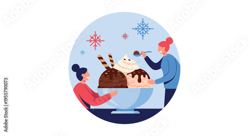 Two women enjoying a massive bowl of chocolate and vanilla ice cream decorated with wafers and snowflakes inside a round blue frame.