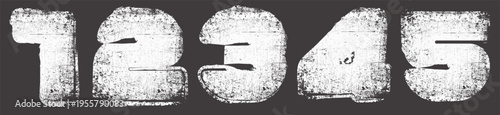 A grunge and cyberpunk vector font inspired by street art and urbanism. Simple, curved numbers 1, 2, 3, 4, 5. The effect of white paint splattered through a stencil. Posters, comics, and graffiti. No 